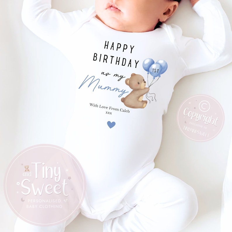 Happy Birthday Mummy, 1st Birthday as My Mummy, New Mum Gift, Mum Birthday, Mummy Birthday, Sleepsuit Babygrow Bodysuit Mum Birthday Blue With Bear