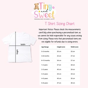 May include: White t-shirt with height and width measurements. The image includes a sizing chart for children's t-shirts, with measurements in centimeters for various age ranges, from 0-3 months to 5-6 years. The text "Tiny and Sweet" is at the top.