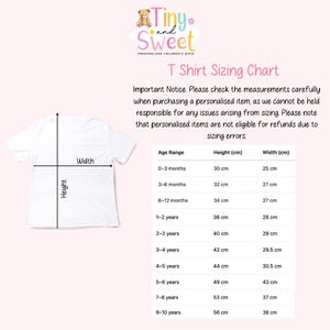 May include: A T-shirt sizing chart featuring a white T-shirt illustration with height and width lines. The text includes Tiny and Sweet, T Shirt Sizing Chart, and a table listing age ranges from 0-3 months to 9-10 years with corresponding height and width measurements in centimeters.
