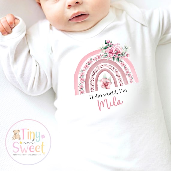 Personalised Hello World Baby Sleepsuit, Newborn Coming Home Outfit, Baby Name Reveal Sleepsuit, Baby Name & Birth Announcement