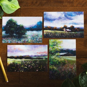Country Landscape Postcard Set, Soft Pastel Nature Art, Nature Decor, Landscape Postcards, Country Print Notecards, Mini Art Print