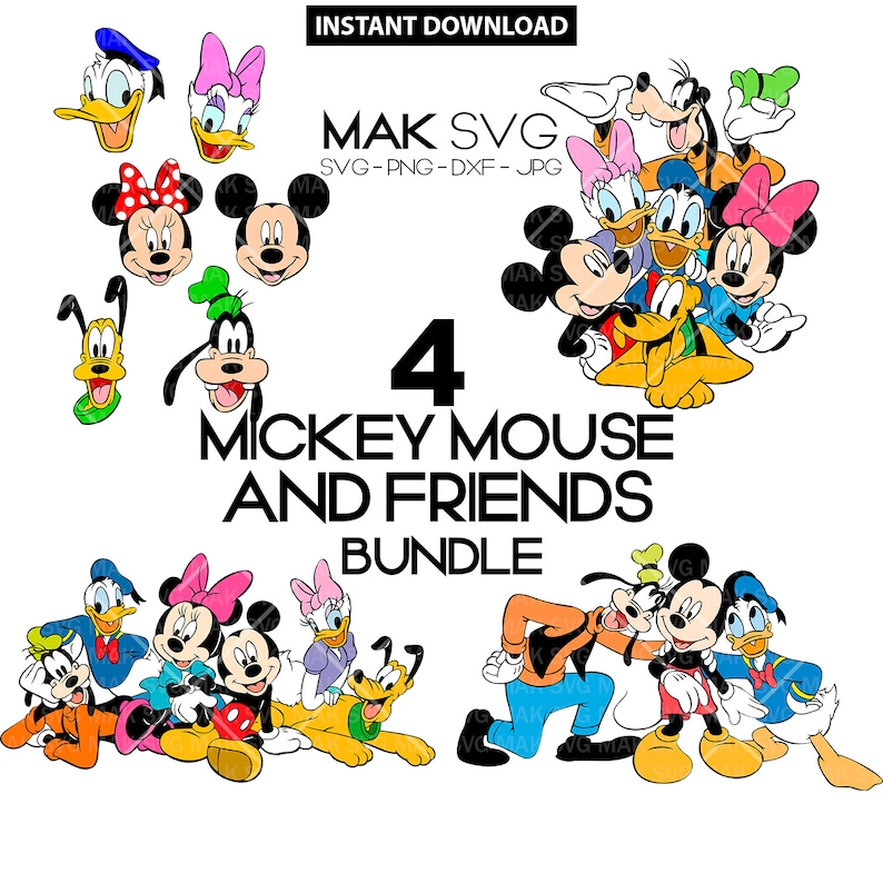 K&ouml;nnte beinhalten: Ein digitales Download-Paket mit vier SVG-Schnittdateien von Mickey Mouse und seinen Freunden. Das Paket enth&auml;lt Mickey Mouse, Minnie Mouse, Donald Duck, Goofy und Pluto. Die Figuren sind in verschiedenen Posen und Gesichtsausdr&uuml;cken dargestellt. Der Text "4 Mickey Mouse and Friends Bundle" wird in der Mitte des Bildes angezeigt.