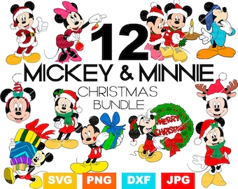 May include: A digital download graphic featuring Mickey and Minnie Mouse in Christmas attire. The image includes the text "12 MICKEY & MINNIE CHRISTMAS BUNDLE" and file type icons: SVG, PNG, DXF, and JPG. Mickey and Minnie are depicted in various festive poses.