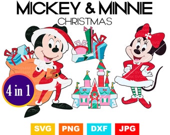May include: A digital graphic featuring Mickey and Minnie Mouse in Christmas attire. Mickey is dressed as Santa, holding a sack of gifts. Minnie wears a red dress. The image includes a castle and gift boxes. Text reads "Mickey & Minnie Christmas".