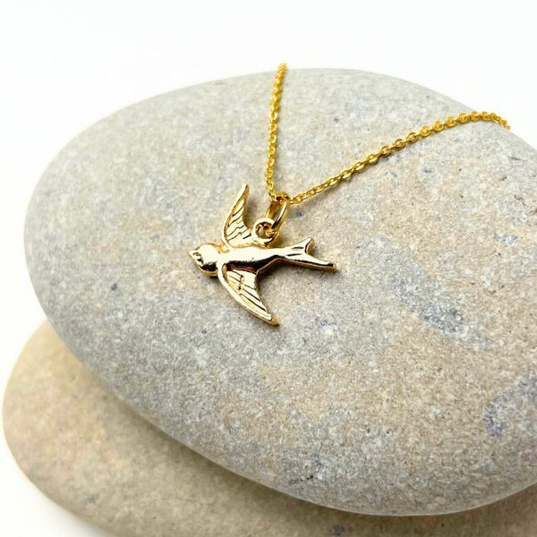 Gold Sparrow Necklace | Tiny Bird Charm Pendant l Minimalist Jewelry