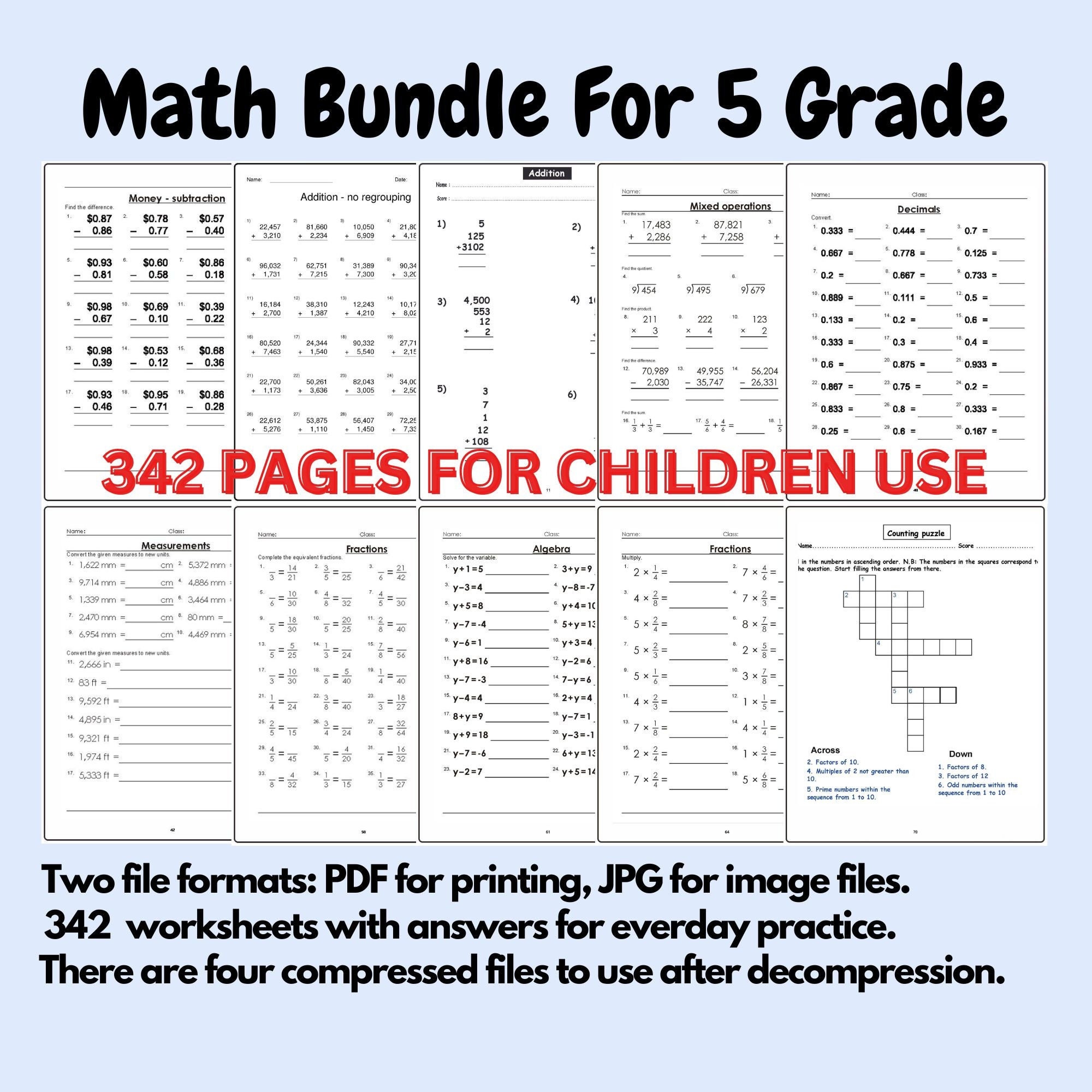 5 Grade Math Worksheet,math for Kids,homeschool Education,instant