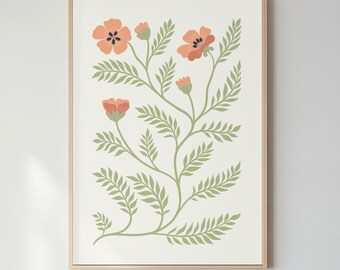 Peach Floral Botanical Print Sage Green Climbing Plant Boho Scandi Home Decor Poster