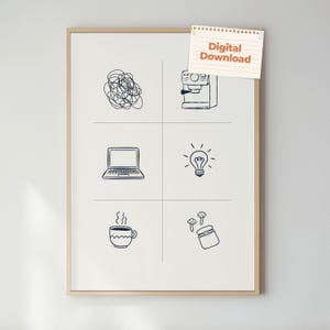 Travail à domicile, routine doodle impression, art mural icônes du bureau (téléchargement numérique)