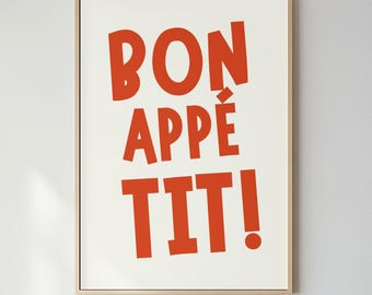 Bon Appetit Typography Print, Red Orange Kitchen Wall Art (Matte Paper)