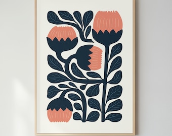 Modern Floral Botanical Print Navy Blue Coral Pink Scandi Home Office Decor Poster