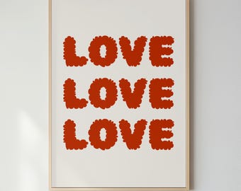 Terracotta Red Bubbly Love Typography Print, Groovy Retro Nursery Wall Art (Physical Print)
