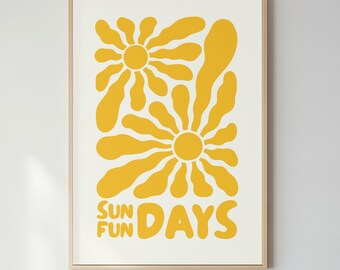 Sun Fun Days Typography Print Retro Yellow Poster Mid Century Groovy Home Office Decor