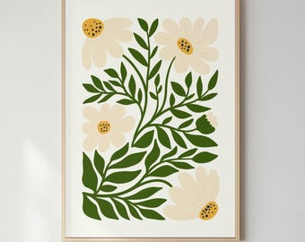 Modern Daisy Floral Print Green Botanical Flower Leaf Boho Scandi Home Office Decor Poster