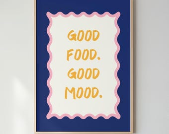 Good Food Good Mood Typography Print, Navy Blue Yellow Kitchen Decor (Matte Paper)
