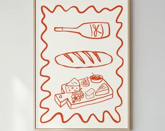 Red Wine Cheese Bread Minimalist Kitchen Dining Wall Art Food Illustration Poster Print