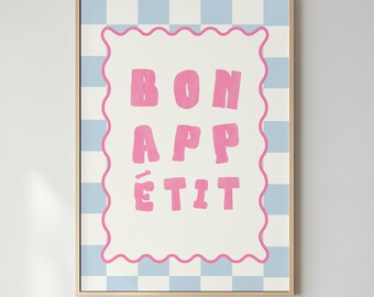 Bon Appetit Pink Blue Checkerboard Typography Print Modern Kitchen Dining Room Wall Art Poster