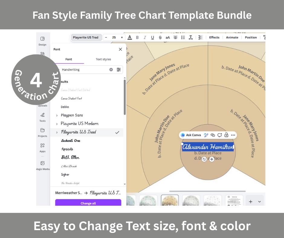 Fan Style Family Tree Chart, 4 Generation Canva Template (digital ...