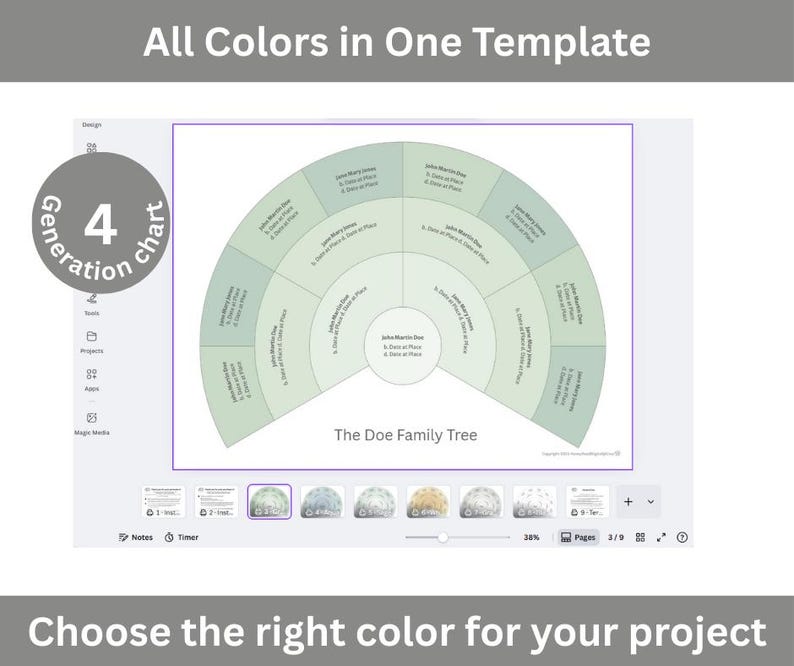 Fan Style Family Tree Chart, 4 Generation Canva Template (digital ...