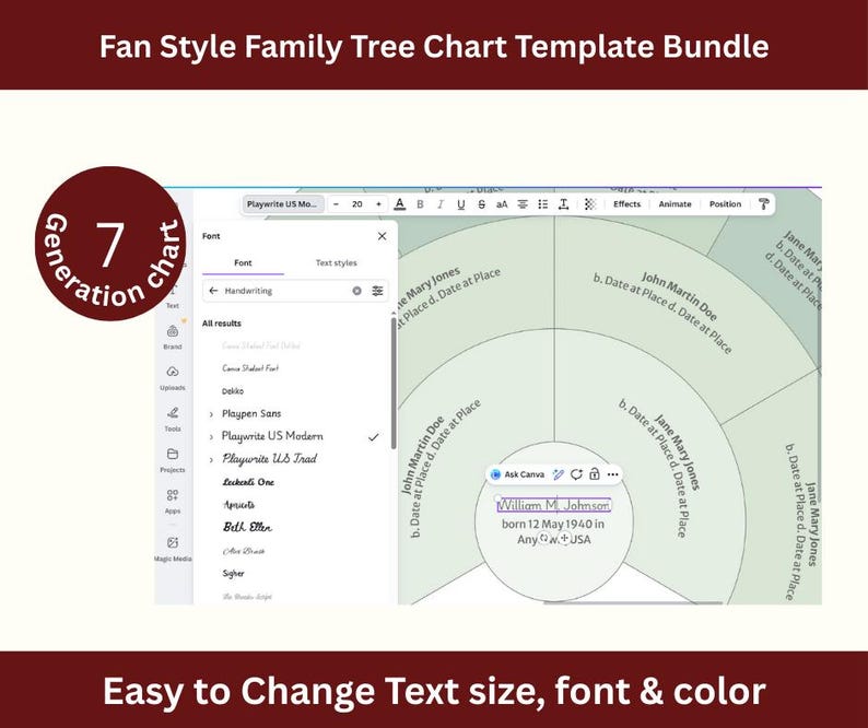 Fan Style Family Tree Chart, 7 Generation Canva Template (digital ...