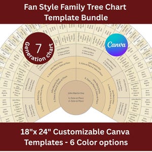 May include: A fan-style family tree chart template bundle. The design includes a 7-generation chart with customizable Canva templates. The chart is 18" x 24" and offers 6 color options. The design features a circular layout.