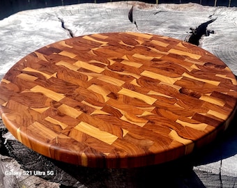 Lazy Susan, End grain Teak Serving Tray, Dining Room Table Turntable, Kitchen Charcuterie Serving Board, 18" - 30"