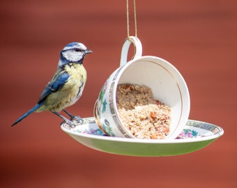 Bird feeder - Teacup and saucer, drilled and bolted. Ideal for garden and balcony