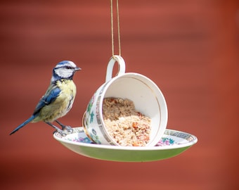 Bird Feeder - Teacup & Saucer Design, Drilled Bolted for Garden Balcony Decor, Unique Outdoor Birdhouse