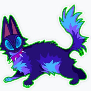 May include: A stylized illustration of a cat with a dark blue body, blue and purple accents, and large blue eyes. The cat has a pink collar with white spikes and a green outline.
