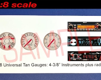 1/8 Universal fit 4-3/8" style Tan Gauge Faces and Radio for 1/8 scale model car and truck kits