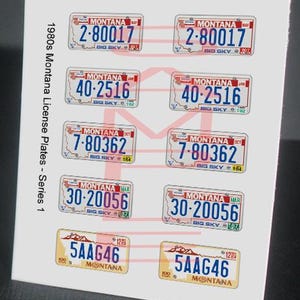 May include: A sheet of stickers featuring vintage Montana license plates from the 1980s. The plates are rectangular with a white background, red and blue accents, and various numbers and the word "Montana". The text "1980s Montana License Plates - Series 1" is printed on the side.