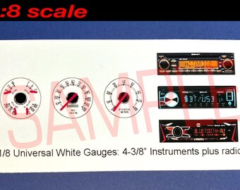 1/8 Universal fit 4-3/8" style White Gauge Faces and Radio for 1/8 scale model car and truck kits