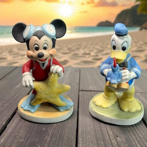 Vintage Disney Mickey Mouse & Donald Duck Beach Figurine Statues by Cherie Kalvin - With Box - Taiwan - immagine 1