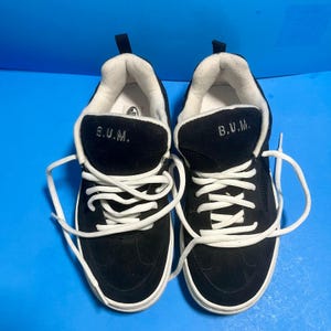 Y2K B.U.M. Equipment Sneakers Men’s Sz 5.5 Black White Leather Retro Skate Shoes