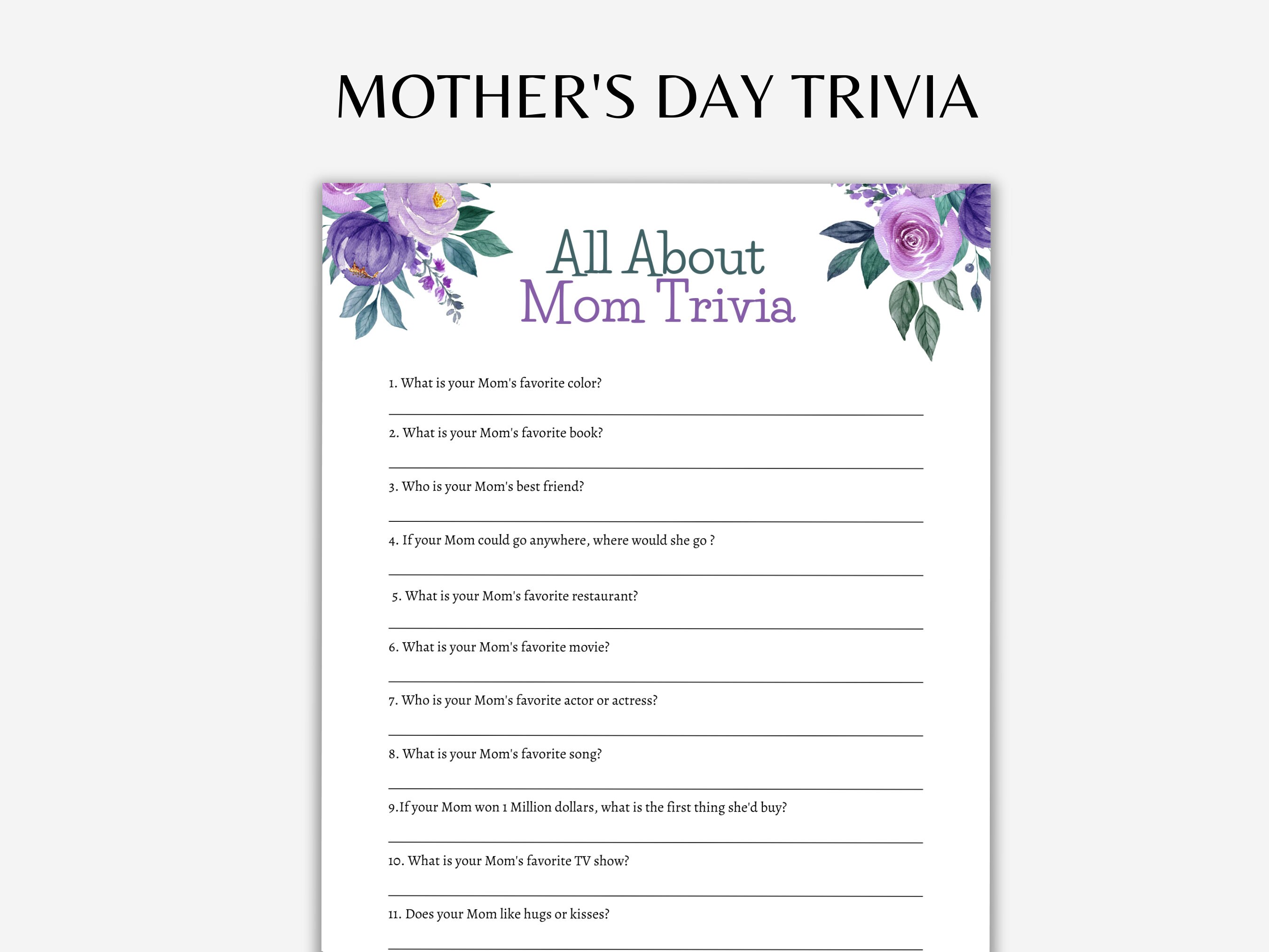 Mother's Day Trivia All About Mom Trivia Game Mother's Day Game for