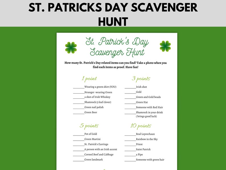 st patricks day scavenger hunt for adults