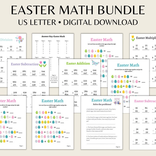 Easter Math| Easter Math Worksheets for 5K to 2nd Grade| Math Challenge| Easter Math Bundle for kids| Easter Math Questions