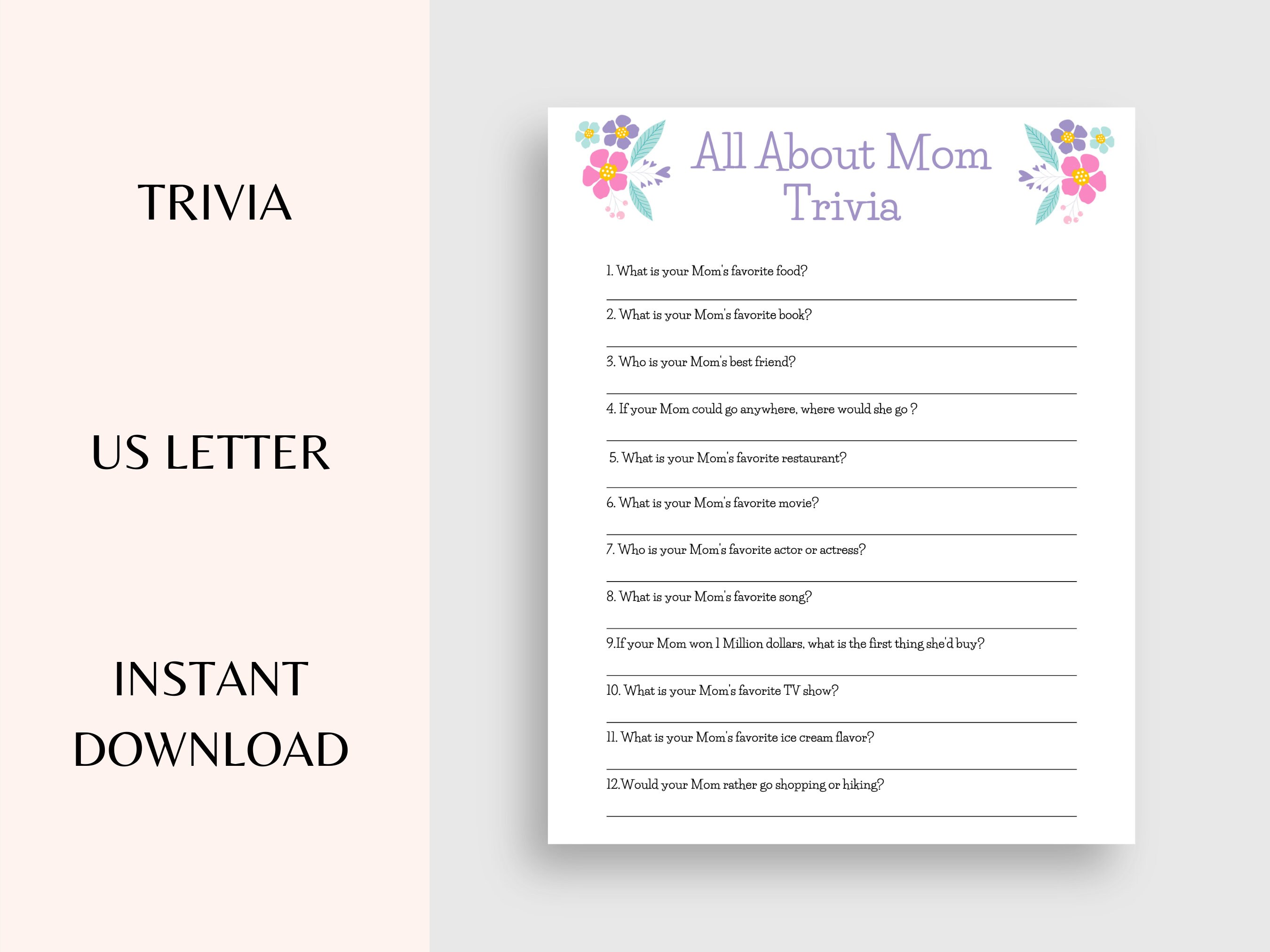 Mother's Day Trivia All About Mom Quiz Mother's Day Game for Families ...
