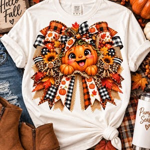 Pumpkin Bow Sublimation Design, Autumn Patchwork Shirt (Digital Download)