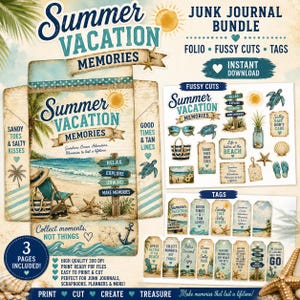 Puede incluir: Un paquete de diario basura digital titulado Summer Vacation Memories que incluye páginas imprimibles, recortes y etiquetas. El diseño presenta imágenes de playa como palmeras, olas del mar, estrellas de mar y textos como Sandy Toes & Salty Kisses.