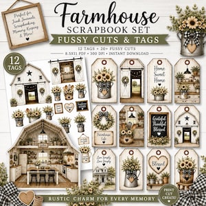 May include: A digital scrapbook set featuring 12 tags and 20+ fussy cuts with farmhouse imagery. The collection includes illustrations of barns, sunflowers, kitchen scenes, and text like Home Sweet Home, Blessed, and Grateful Thankful Blessed.