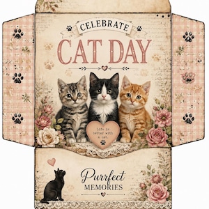 Vintage Cat Day Junk Journal Kit, Folio, Tags, Fussy Cuts (Digital Download)