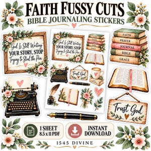 Può includere: Un foglio digitale di adesivi Faith Fussy Cuts per diario biblico con illustrazioni di macchine da scrivere vintage, pile di libri etichettati Faith, Prayer, Journal, Bible, Grace, libri aperti, penne stilografiche e cartelli con testo come God Is Still Writing Your Story, Stop Trying to Steal the Pen e Trust God.