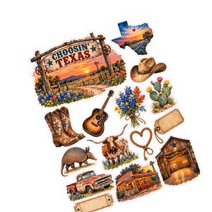 Può includere: Una collezione di adesivi fustellati con immagini a tema Texas, tra cui un cartello in legno con la scritta CHOOSIN' TEXAS, una mappa del Texas, un cappello da cowboy, una chitarra, stivali, un armadillo, un longhorn, un cuore di corda e un fienile.