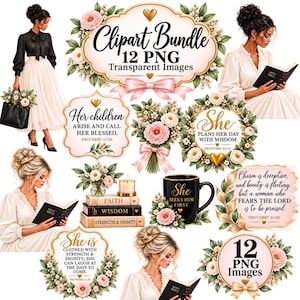 Peut inclure: Un ensemble de cliparts numériques comprenant 12 images PNG transparentes avec des illustrations de femmes lisant la bible, des bouquets de fleurs, des livres empilés marqués Faith, Wisdom, Strength & Dignity, un mug noir et des cadres décoratifs.