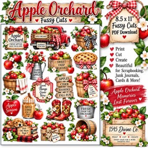 Op de afbeelding: Een digitaal vel met Apple Orchard-thema uitknipsels met rode appels, houten kratten, manden, een rode vrachtwagen, een taart, laarzen en borden met tekst op een lay-out van 21,6 x 27,9 cm.