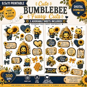 Op de afbeelding: Een digitaal downloadblad met schattige hommel-uitknipfiguren, zonnebloemen en honingraten. Het ontwerp bevat tekst zoals Cute BUMBLEBEE Fussy Cuts, 8.5x11 PRINTABLE, Bee HAPPY, You are BEE-utiful, Sweet as HONEY, Bee KIND en Keep Going.