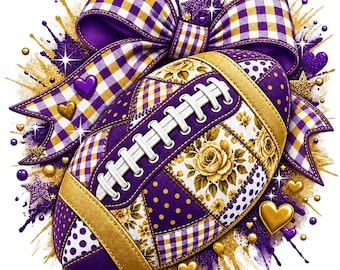 May include: A football graphic featuring a purple and gold color scheme with a large gingham bow on top. The football surface is decorated with floral patterns, polka dots, and gold accents, surrounded by small hearts, stars, and paint splatters.