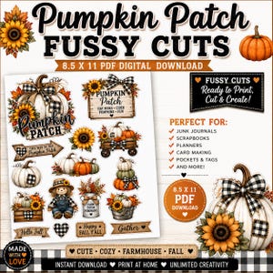 Puede incluir: Una hoja de descarga digital con recortes temáticos de huerto de calabazas que incluye girasoles, calabazas, un espantapájaros y letreros de madera con texto como Pumpkin Patch, Farm Fresh Pumpkins y Happy Fall Y'all, para papel de 21,59 x 27,94 cm.