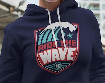 Felpa con cappuccio Kansas City Ride The Wave, pullover blu navy ispirato alla moda, felpa con cappuccio KC in stile vintage, maglia da calcio da donna in pile di alta qualità