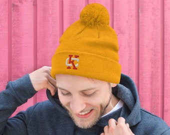 KC Retro Chiefs vintermössa, Kansas City Chiefs-inspirerad fotbollsklubb i guld, mjuk, varm, broderad, stickad pom-pom-mössa, unisex